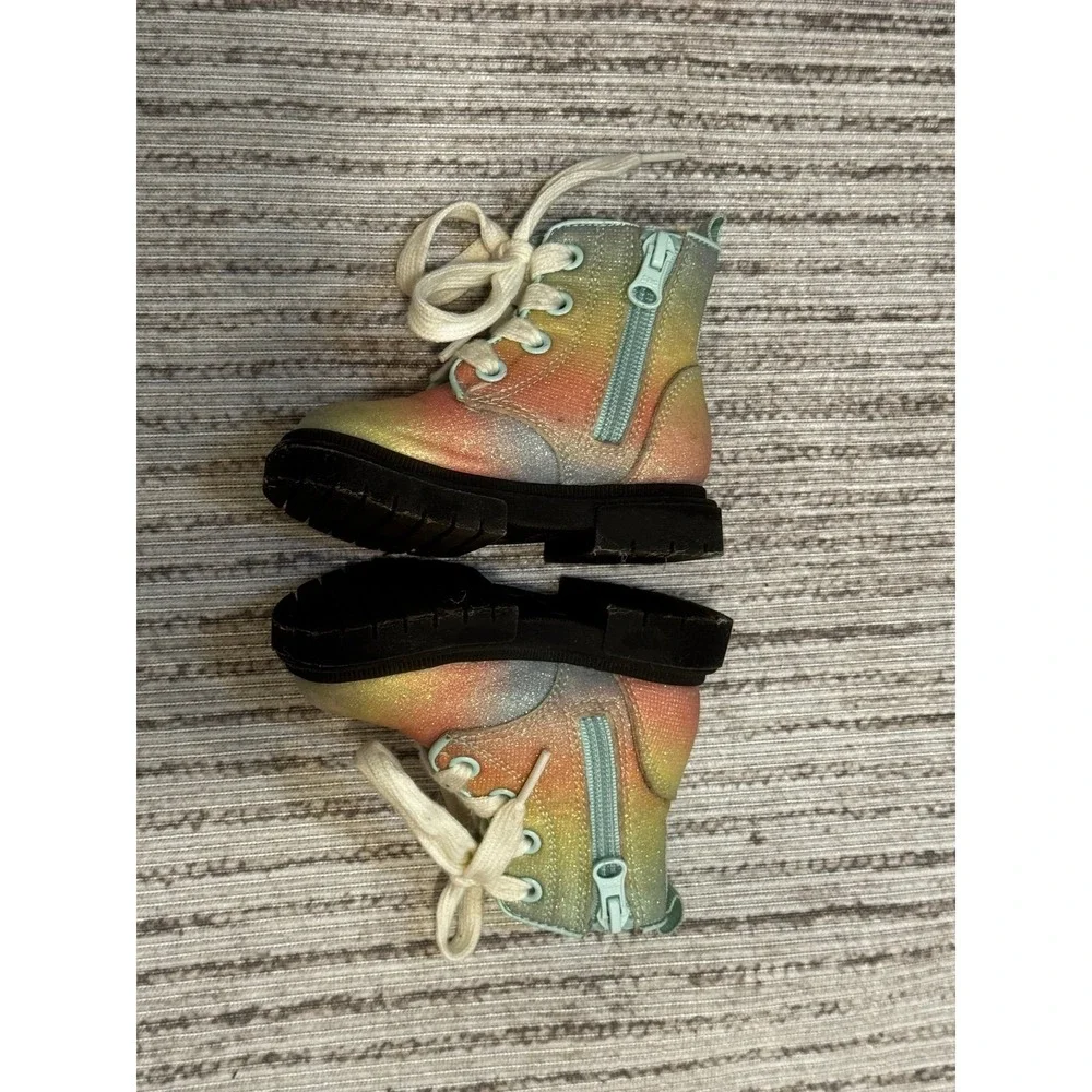 Cat & Jack Toddler Girls Size 5 Combat Boots Rainbow Glitter Lace Up Zip